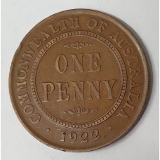 AUSTRALIA 1922 . ONE 1 PENNY . ERROR . OIL FILLED DIE ON BOTH SIDE OF LEGENDS